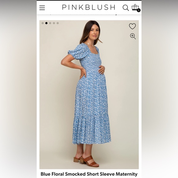 Pink Blush Blue Floral Smocked Short Sleeve Maternity Midi Dress - Picture 2 of 4